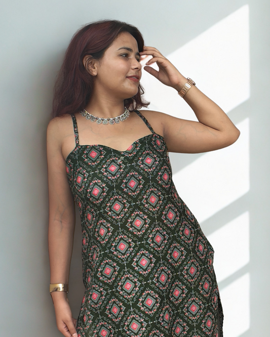 Sleeve Less Long Green Kurti