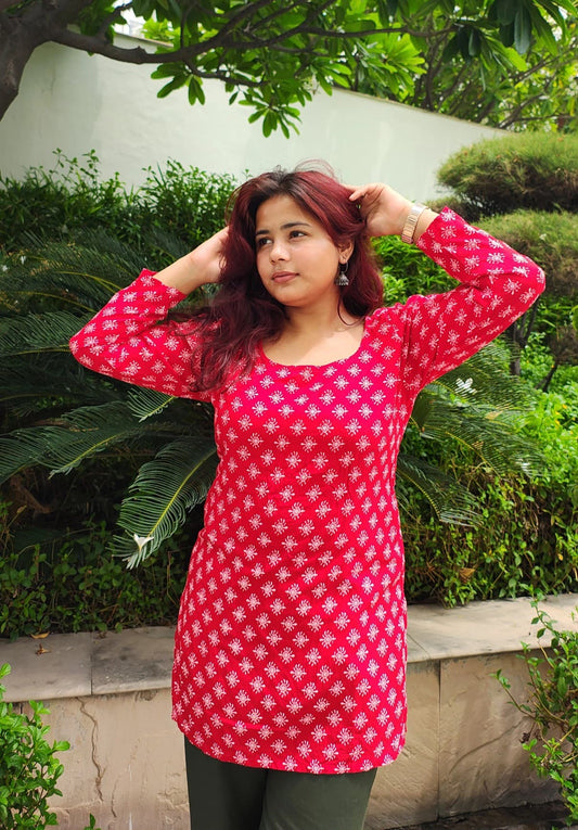 Floral Red Corset Back Kurti